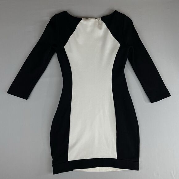 Bebe Bodycon Mini Dress Women’s Small Black White Stretch Side Zip 3/4 Sleeve - Picture 5 of 16